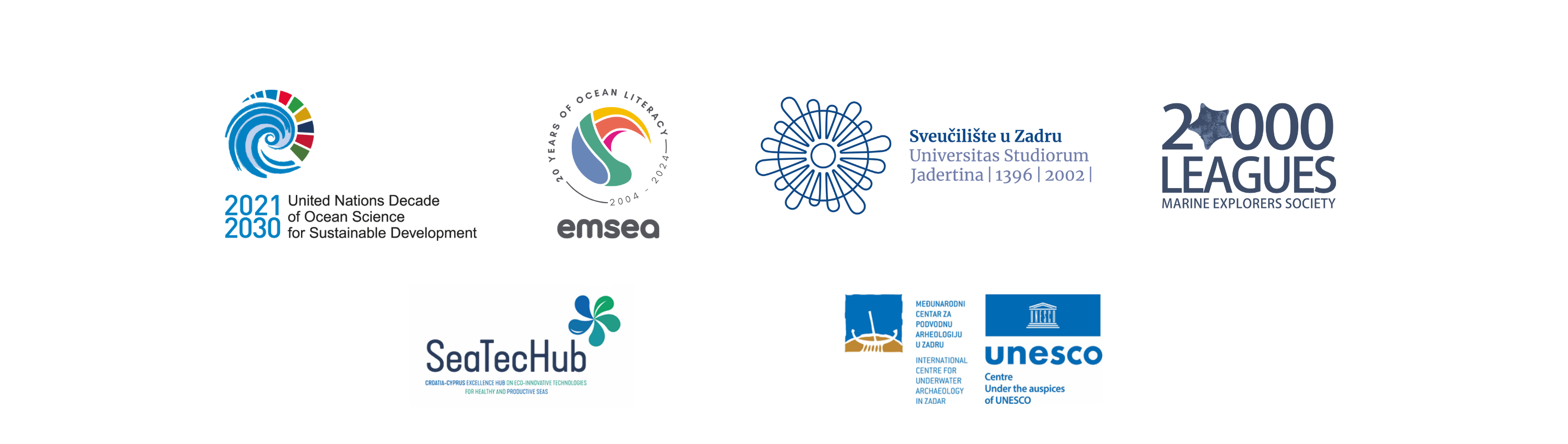 logos of UN Ocean Decade, EMSEA, University of Zadar, NGO 20 000 miles, Seatech hub and Unesco International Center for Underwater Archeology in Zadar