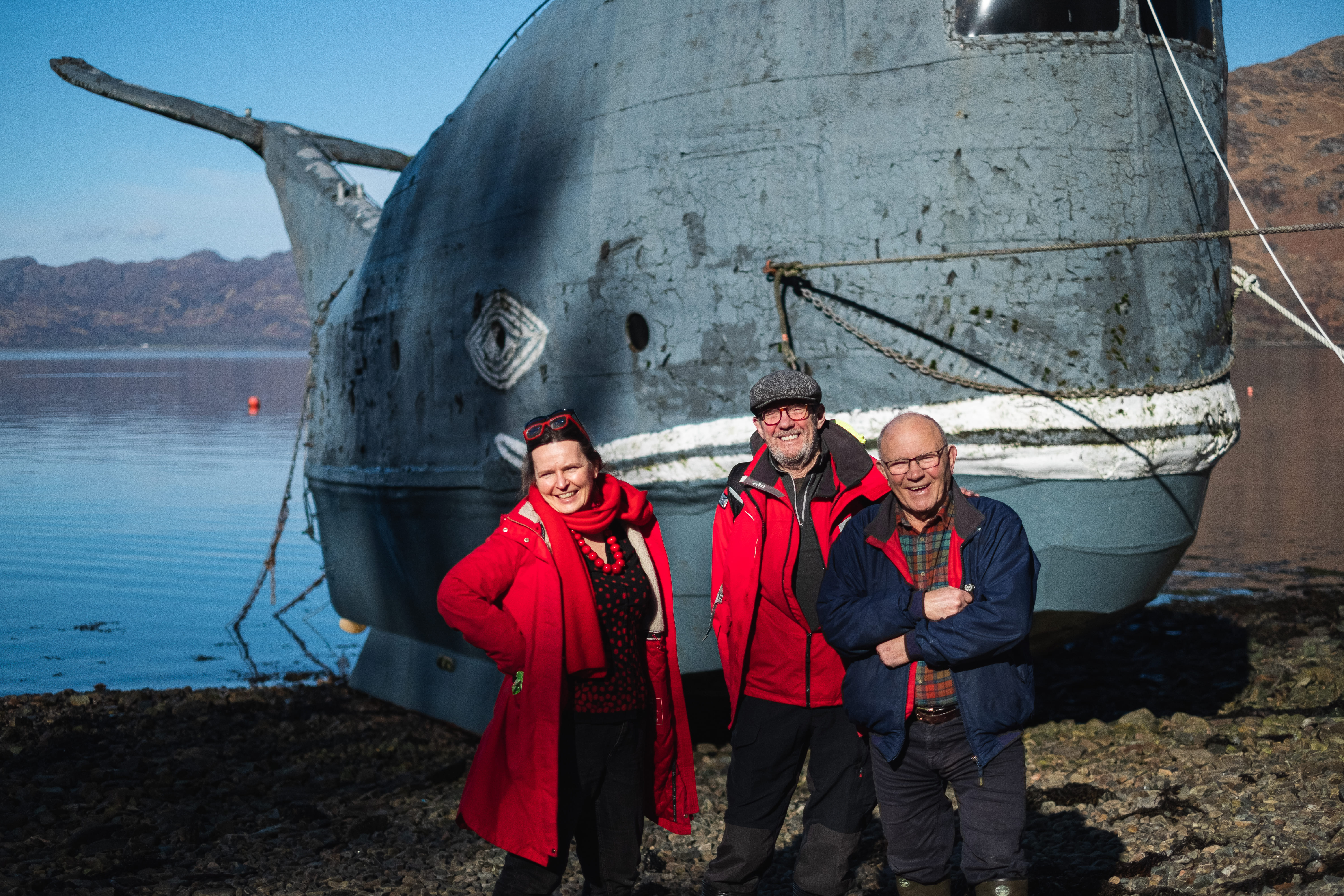 Moby the whale boat with Anuschka, SAMS Director Nick Owens and Tom McClean